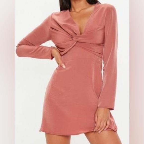NWT Missguided Long Sleeve Cross Over  Mini Dress Pink Rust Formal Party Sz 8 - Picture 1 of 11